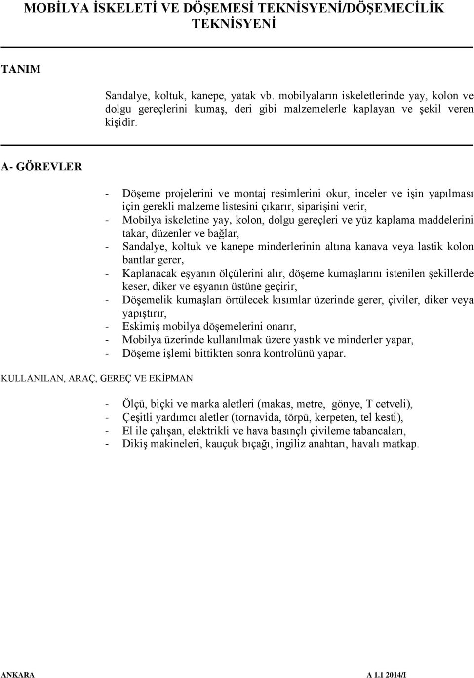 iskeletine yay, kolon, dolgu gereçleri ve yüz kaplama maddelerini takar, düzenler ve bağlar, - Sandalye, koltuk ve kanepe minderlerinin altına kanava veya lastik kolon bantlar gerer, - Kaplanacak