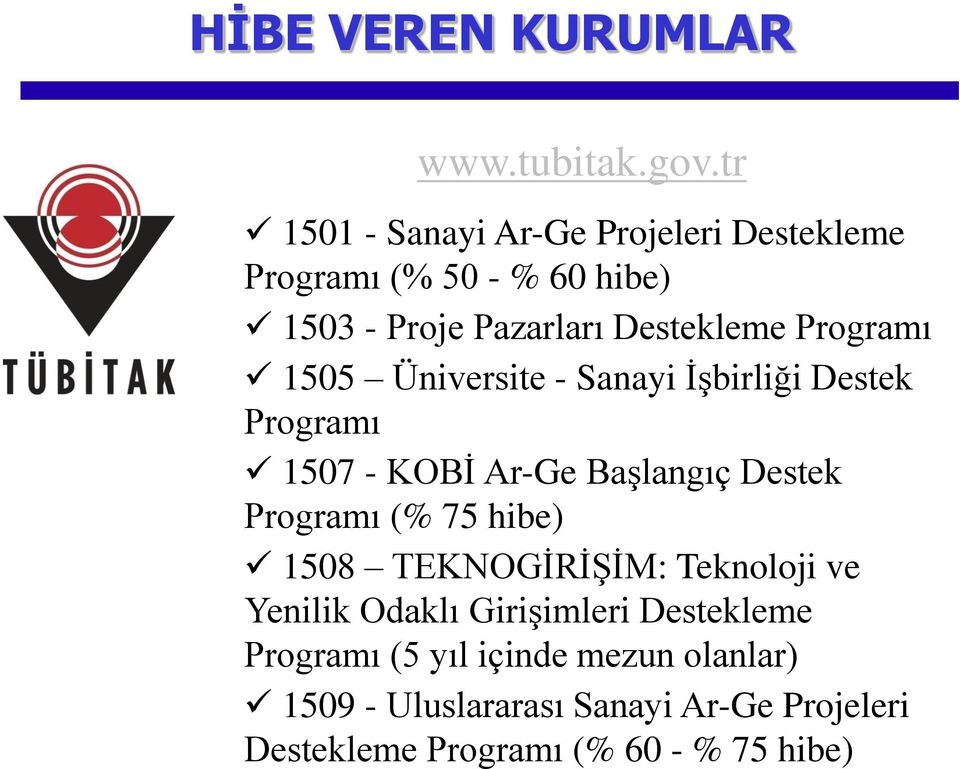 Programı 1505 Üniversite - Sanayi İşbirliği Destek Programı 1507 - KOBİ Ar-Ge Başlangıç Destek Programı (%