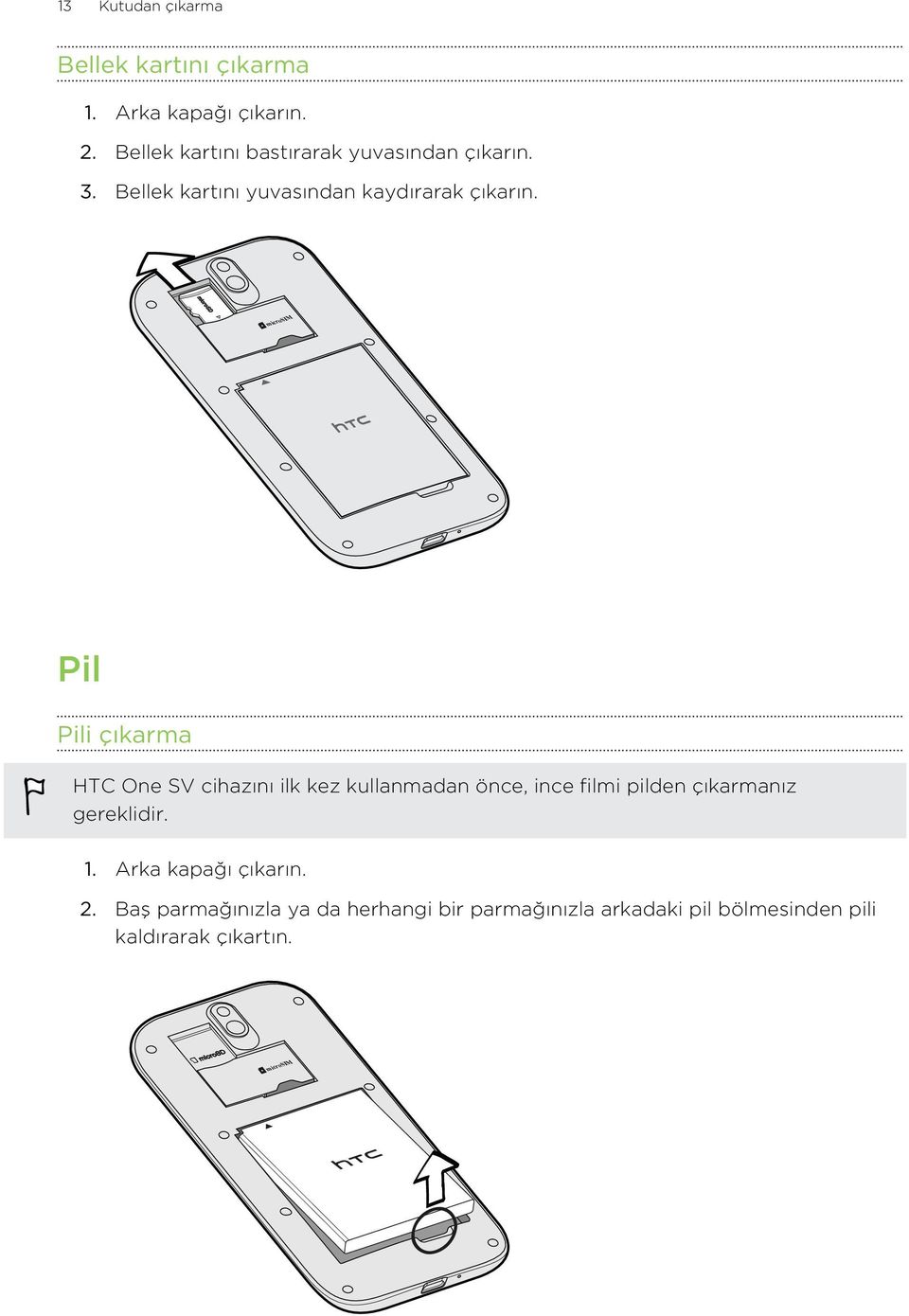 microsim Pil Pili çıkarma HTC One SV cihazını ilk kez kullanmadan önce, ince filmi pilden çıkarmanız