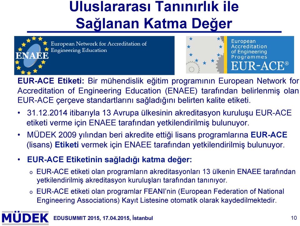 2014 itibarıyla 13 Avrupa ülkesinin akreditasyon kuruluşu EUR-ACE etiketi verme için ENAEE tarafından yetkilendirilmiş bulunuyor.