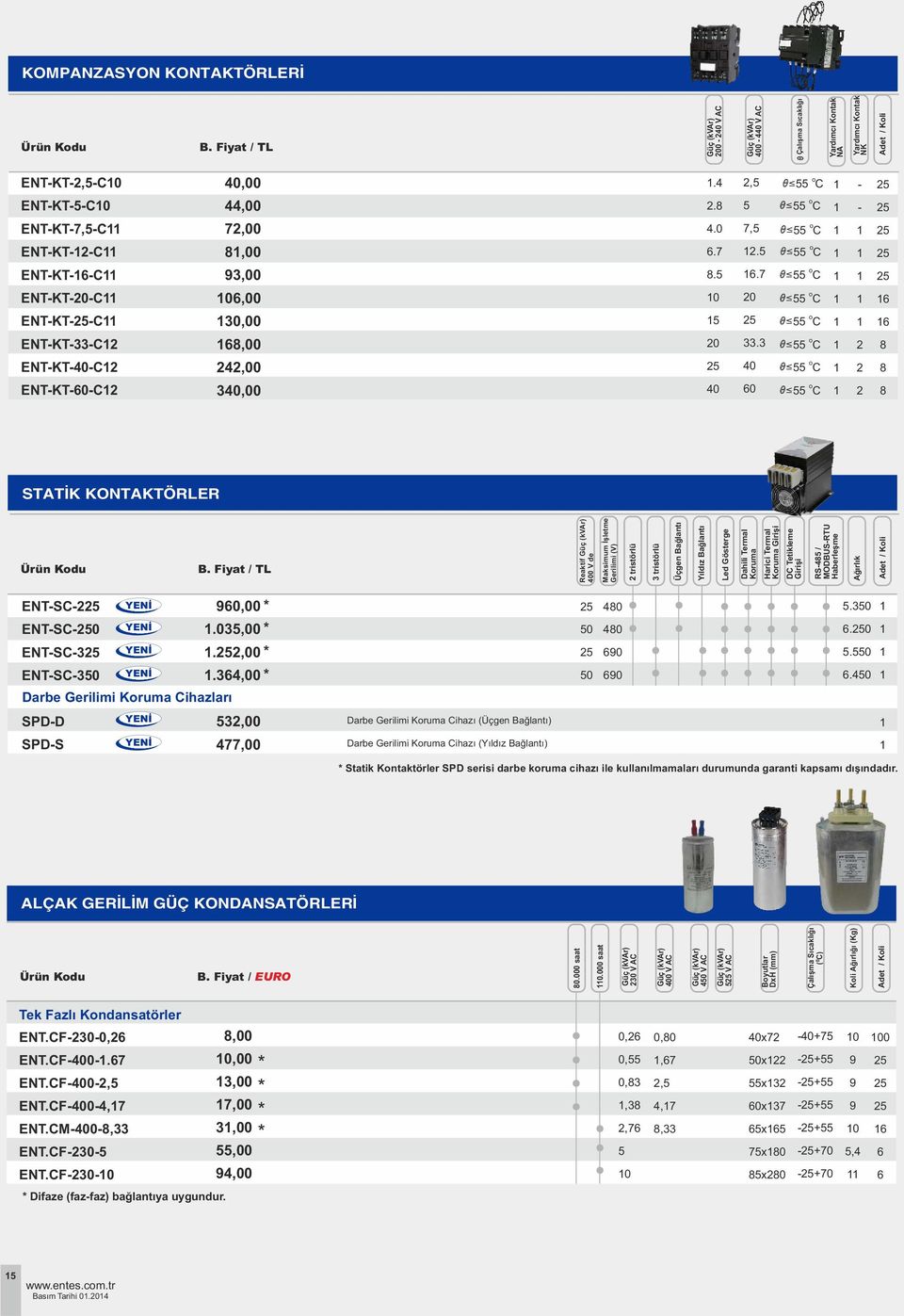 o C ENT-KT-0-C,00 0 o C ENT-KT-0-C,00 0 0 o C STATİK KONTAKTÖRLER Reaktif Güç (kvar) 00 V de Maksimum İşletme Gerilimi (V) tristörlü tristörlü Üçgen Bağlantı Yıldız Bağlantı Led Gösterge Dahili