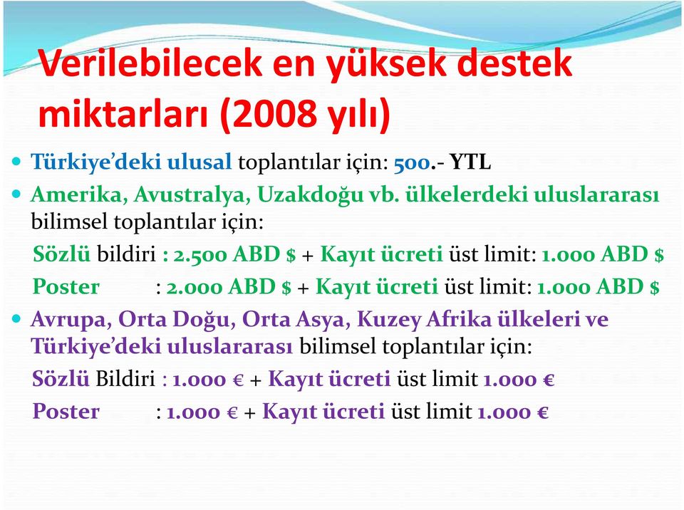 500 ABD $ + Kayıt ücreti üst limit: 1.000 ABD $ Poster : 2.000 ABD $ + Kayıt ücreti üst limit: 1.