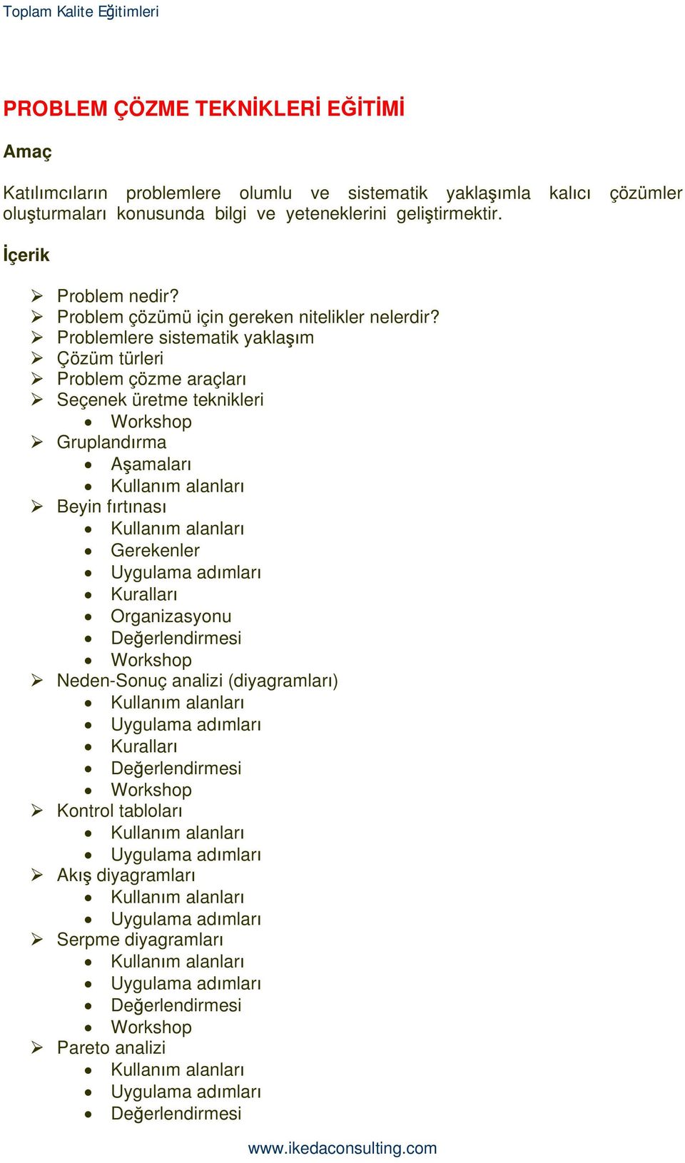 Problemlere sistematik yakla m Çözüm türleri Problem çözme araçlar Seçenek üretme teknikleri Grupland rma A amalar Beyin f rt