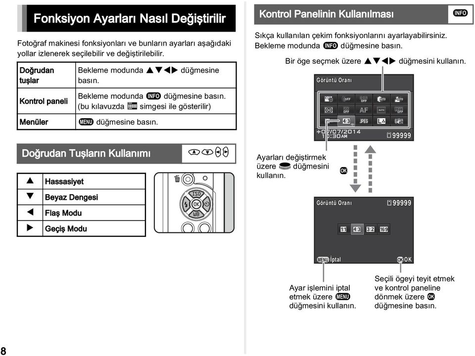 Doğrudan Tuşların Kullanımı A B C D Hassasiyet Beyaz Dengesi Flaş Modu Geçiş Modu WXYZ Kontrol Panelinin Kullanılması Sıkça kullanılan çekim fonksiyonlarını ayarlayabilirsiniz.