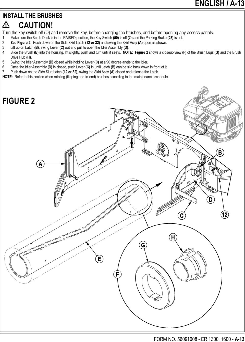 Push down on the Side Skirt Latch (12 or 32) and swing the Skirt Assy (A) open as shown. 3 Lift up on Latch (B), swing Lever (C) out and pull to open the Idler Assembly (D).