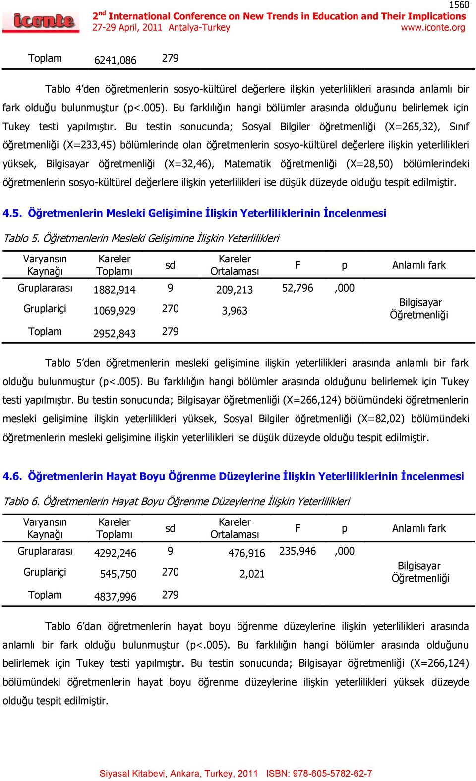 Bu testin sonucunda; Sosyal Bilgiler öğretmenliği (X=265,32), Sınıf öğretmenliği (X=233,45) bölümlerinde olan öğretmenlerin sosyo-kültürel değerlere iliģkin yeterlilikleri yüksek, Bilgisayar