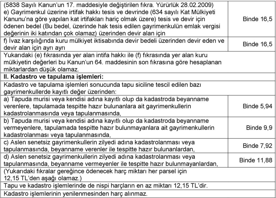 hak tesis edilen gayrimenkulün emlak vergisi değerinin iki katından çok olamaz) üzerinden devir alan için f) İvaz karşılığında kuru mülkiyet iktisabında devir bedeli üzerinden devir eden ve devir