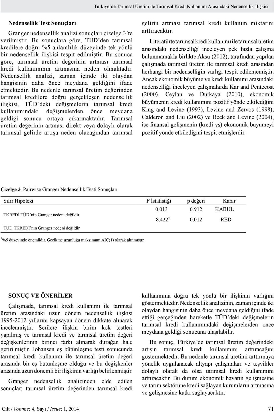 Bu sonuca göre, tarımsal üretim değerinin artması tarımsal kredi kullanımının artmasına neden olmaktadır.