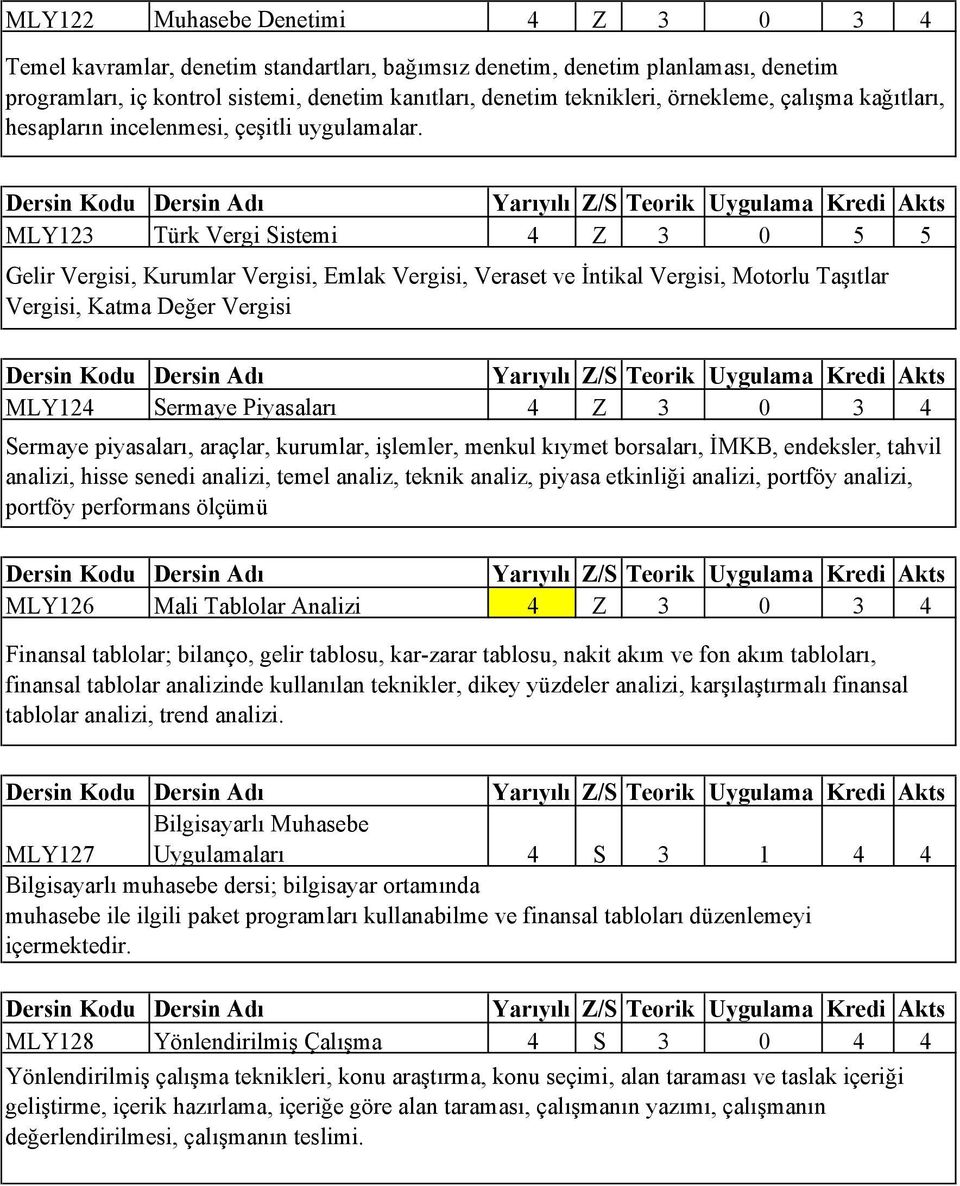 MLY123 Türk Vergi Sistemi 4 Z 3 0 5 5 Gelir Vergisi, Kurumlar Vergisi, Emlak Vergisi, Veraset ve İntikal Vergisi, Motorlu Taşıtlar Vergisi, Katma Değer Vergisi MLY124 Sermaye Piyasaları 4 Z 3 0 3 4