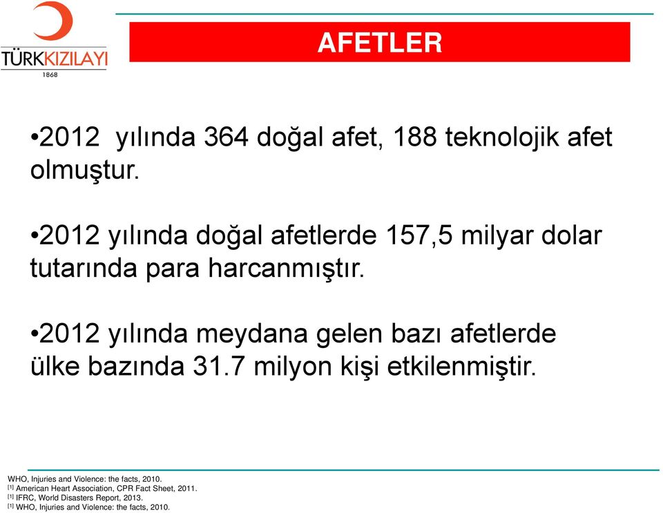 2012 yılında meydana gelen bazı afetlerde ülke bazında 31.7 milyon kişi etkilenmiştir.