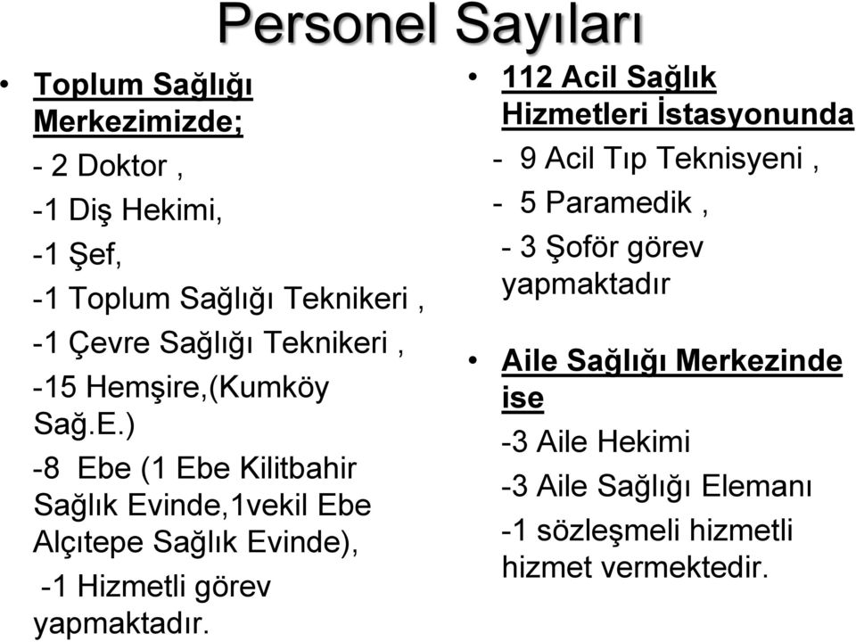 ) -8 Ebe (1 Ebe Kilitbahir Sağlık Evinde,1vekil Ebe Alçıtepe Sağlık Evinde), -1 Hizmetli görev yapmaktadır.