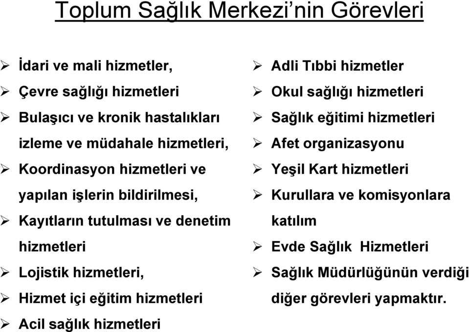 Hizmet içi eğitim hizmetleri Acil sağlık hizmetleri Adli Tıbbi hizmetler Okul sağlığı hizmetleri Sağlık eğitimi hizmetleri Afet