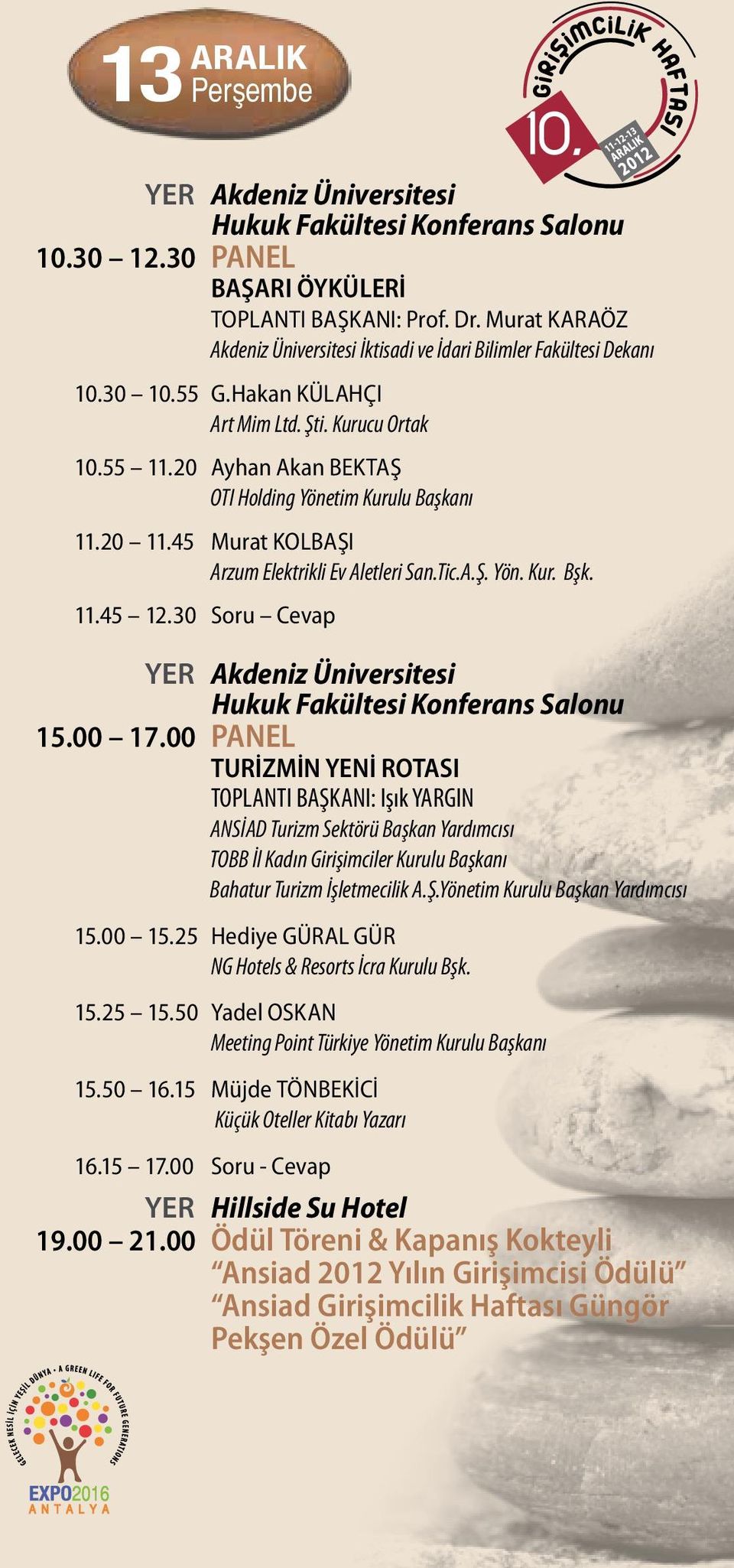 20 Ayhan Akan BEKTAŞ OTI Holding Yönetim Kurulu Başkanı 11.20 11.45 Murat KOLBAŞI Arzum Elektrikli Ev Aletleri San.Tic.A.Ş. Yön. Kur. Bşk. 11.45 12.