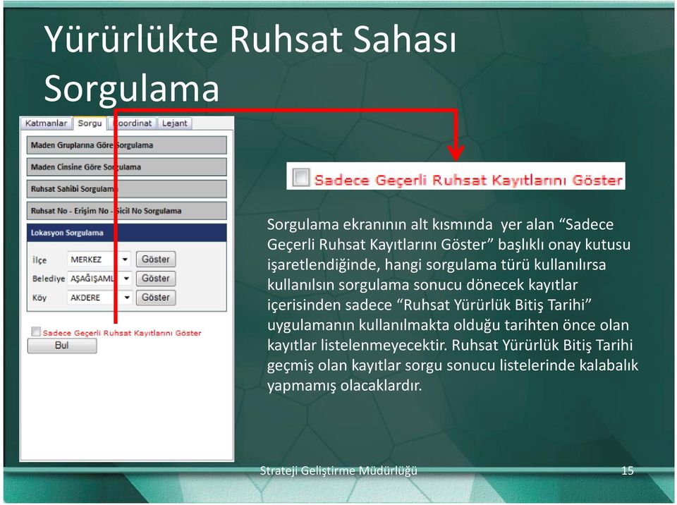 kayıtlar içerisinden sadece Ruhsat Yürürlük Bitiş Tarihi uygulamanın kullanılmakta olduğu tarihten önce olan kayıtlar