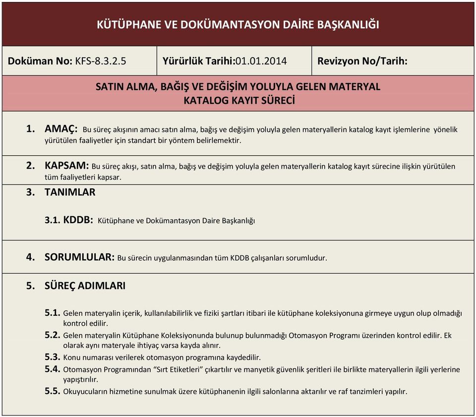 KAPSAM: Bu süreç akışı, satın alma, bağış ve değişim yoluyla gelen materyallerin katalog kayıt sürecine ilişkin yürütülen tüm faaliyetleri kapsar. 3. TANIMLAR 3.1.