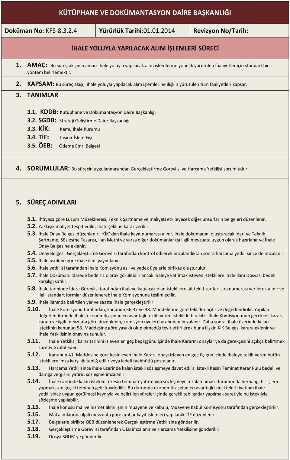 KAPSAM: Bu süreç akışı, ihale yoluyla yapılacak alım işlemlerine ilişkin yürütülen tüm faaliyetleri kapsar. 3. TANIMLAR 3.1. KDDB: Kütüphane ve Dokümantasyon Daire Başkanlığı 3.2.