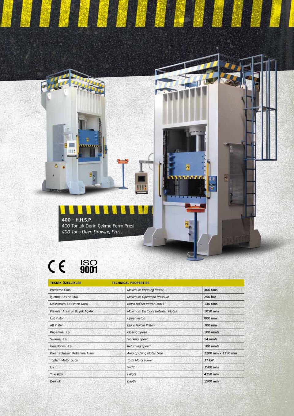 Maximum Operation Pressure 250 bar Maksimum Alt Piston Gücü Blank Holder Power (Max.