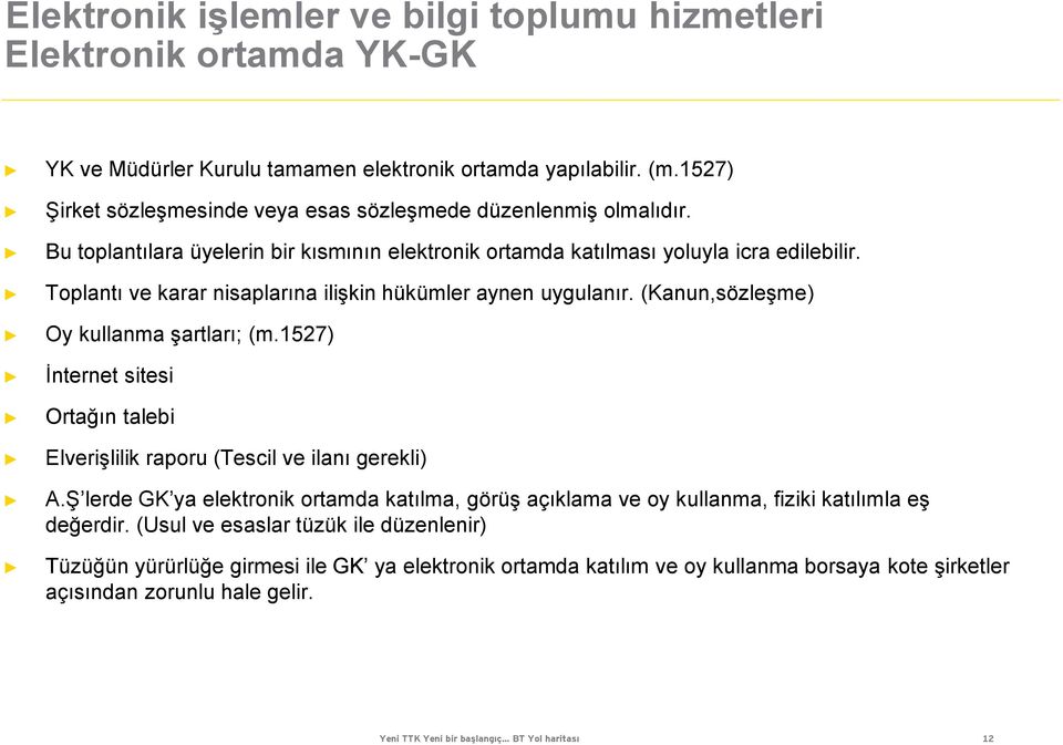 Toplantı ve karar nisaplarına ilişkin hükümler aynen uygulanır. (Kanun,sözleşme) Oy kullanma şartları; (m.1527) İnternet sitesi Ortağın talebi Elverişlilik raporu (Tescil ve ilanı gerekli) A.