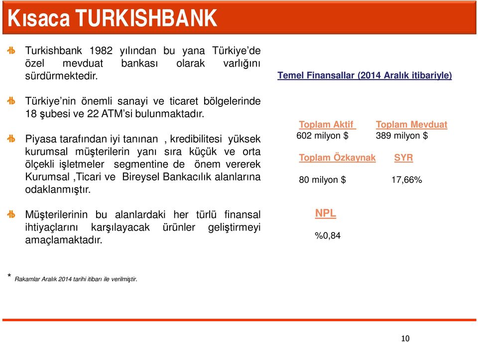 Piyasa tarafından iyi tanınan, kredibilitesi yüksek kurumsal müşterilerin yanı sıra küçük ve orta ölçekli işletmeler segmentine de önem vererek Kurumsal,Ticari ve Bireysel Bankacılık