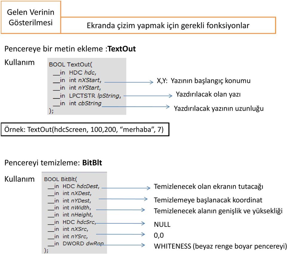 TextOut(hdcScreen, 100,200, merhaba, 7) Pencereyi temizleme: BitBlt Kullanım Temizlenecek olan ekranın tutacağı