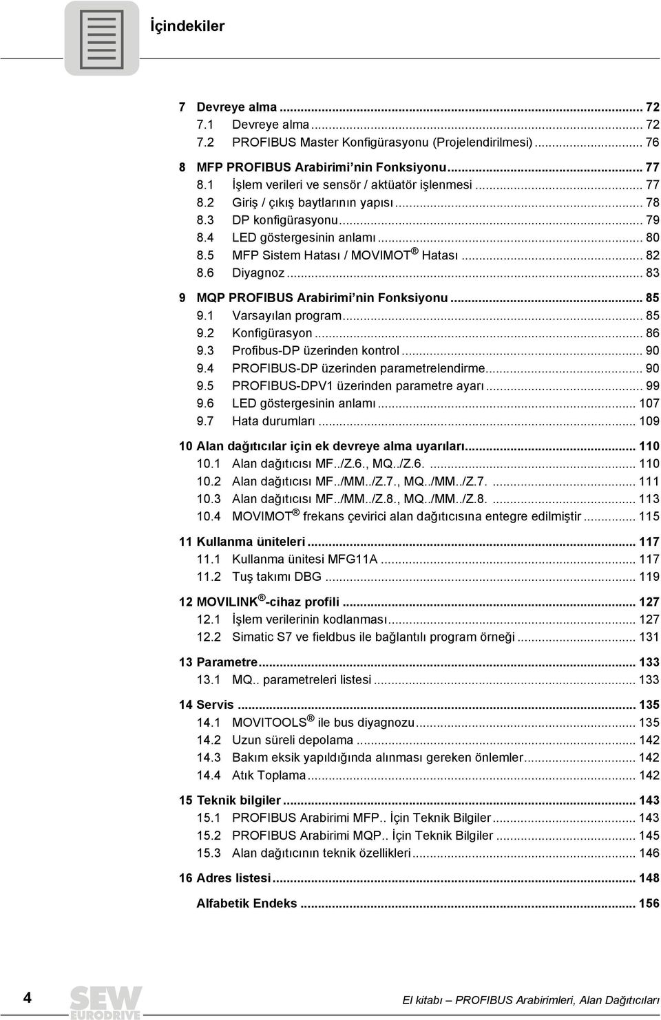 .. 82 8.6 Diyagnoz... 83 9 MQP PROFIBUS Arabirimi nin Fonksiyonu... 85 9.1 Varsayılan program... 85 9.2 Konfigürasyon... 86 9.3 Profibus-DP üzerinden kontrol... 90 9.