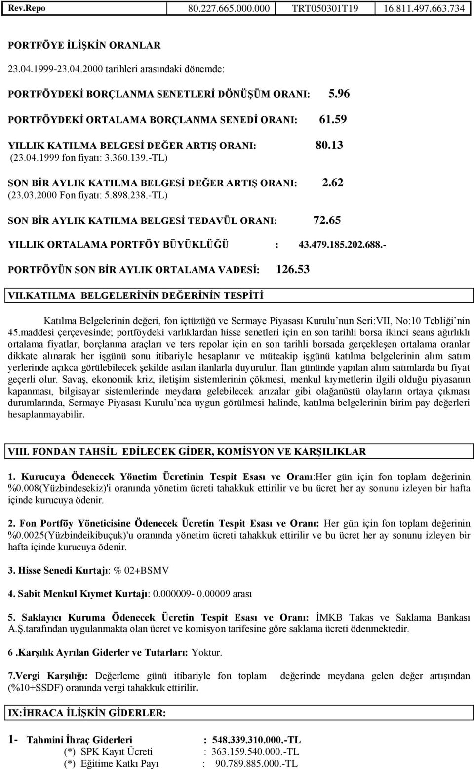 03.2000 Fon fiyatı: 5.898.238.-TL) SON BİR AYLIK KATILMA BELGESİ TEDAVÜL ORANI: 72.65 YILLIK ORTALAMA PORTFÖY BÜYÜKLÜĞÜ : 43.479.185.202.688.- PORTFÖYÜN SON BİR AYLIK ORTALAMA VADESİ: 126.53 VII.