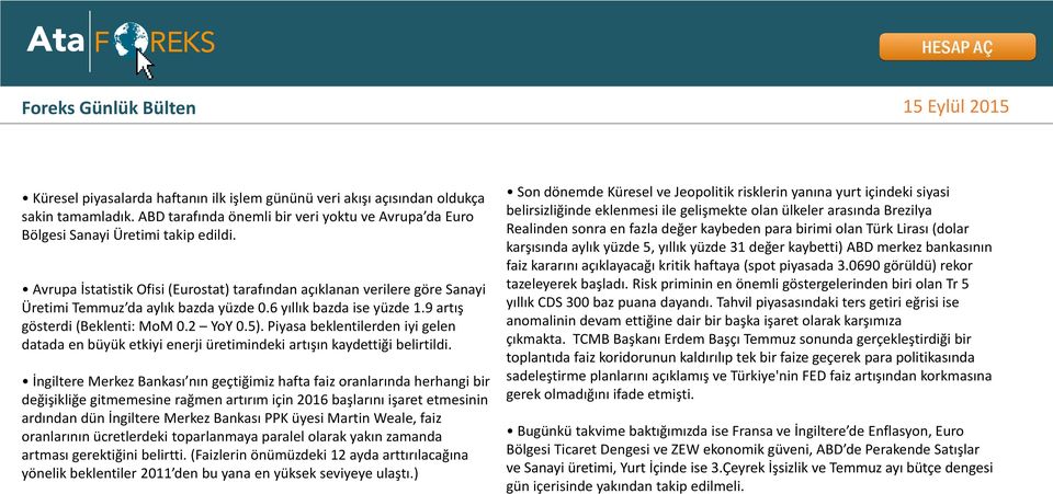 Avrupa İstatistik Ofisi (Eurostat) tarafından açıklanan verilere göre Sanayi Üretimi Temmuz da aylık bazda yüzde 0.6 yıllık bazda ise yüzde 1.9 artış gösterdi (Beklenti: MoM 0.2 YoY 0.5).