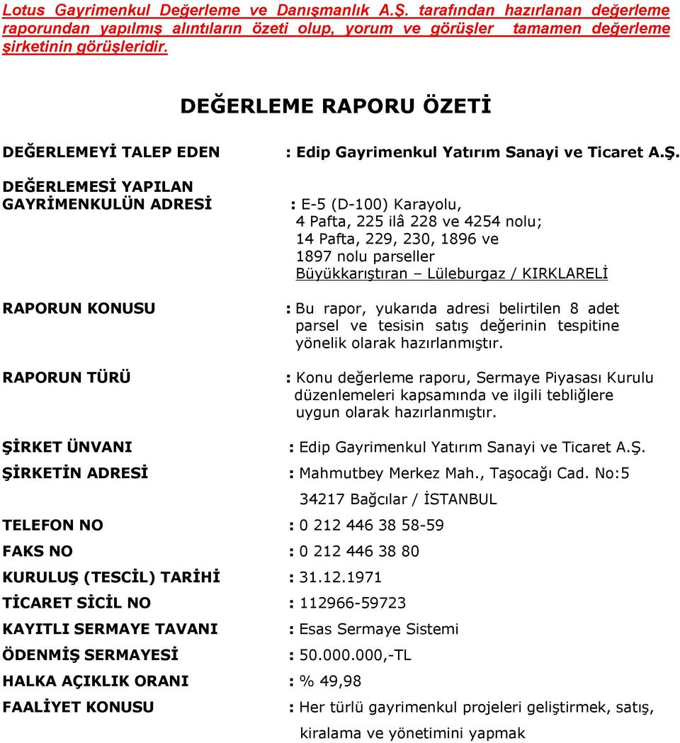 : E-5 (D-100) Karayolu, 4 Pafta, 225 ilâ 228 ve 4254 nolu; 14 Pafta, 229, 230, 1896 ve 1897 nolu parseller Büyükkarıştıran Lüleburgaz / KIRKLARELİ : Bu rapor, yukarıda adresi belirtilen 8 adet parsel