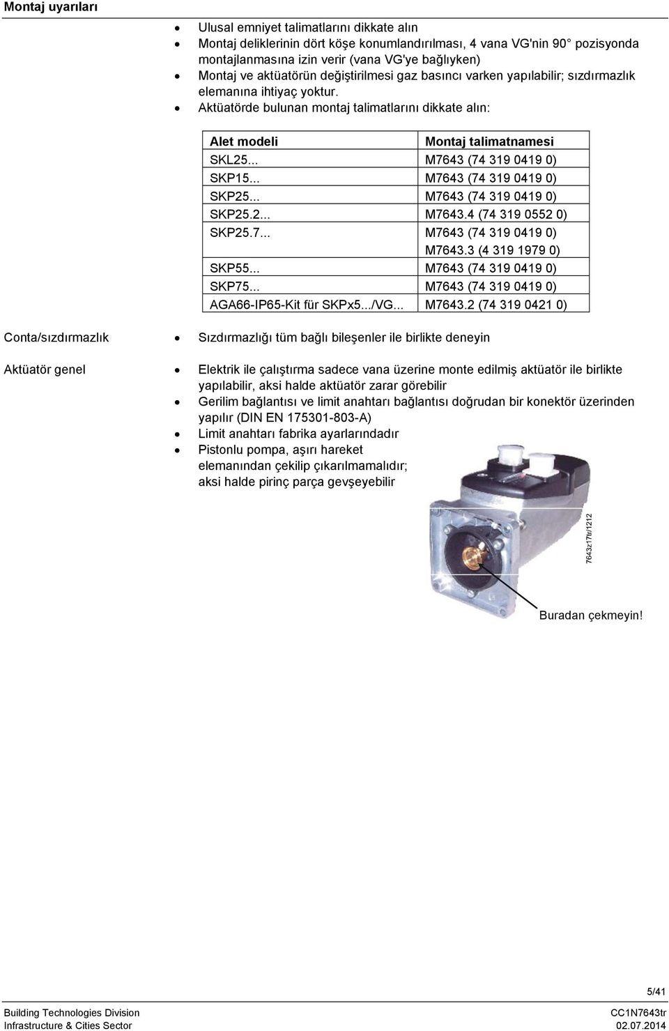 Aktüatörde bulunan montaj talimatlarını dikkate alın: Alet modeli Montaj talimatnamesi SKL25... M7643 (74 31 041 0) SKP15... M7643 (74 31 041 0) SKP25... M7643 (74 31 041 0) SKP25.2... M7643.4 (74 31 0552 0) SKP25.