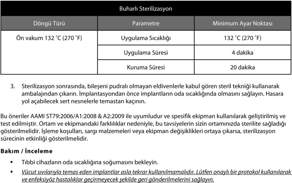 Hasara yol açabilecek sert nesnelerle temastan kaçının. Bu öneriler AAMI ST79:2006/A1:2008 & A2:2009 ile uyumludur ve spesifik ekipman kullanılarak geliştirilmiş ve test edilmiştir.