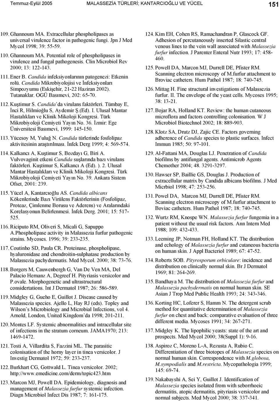 Candida Mikrobiyolojisi ve İnfeksiyonları Simpozyumu (Eskişehir, 21-22 Haziran 2002). Tutanaklar. OGÜ Basımevi, 202: 65-70. 112. Kuştimur S. Candida da virulans faktörleri.