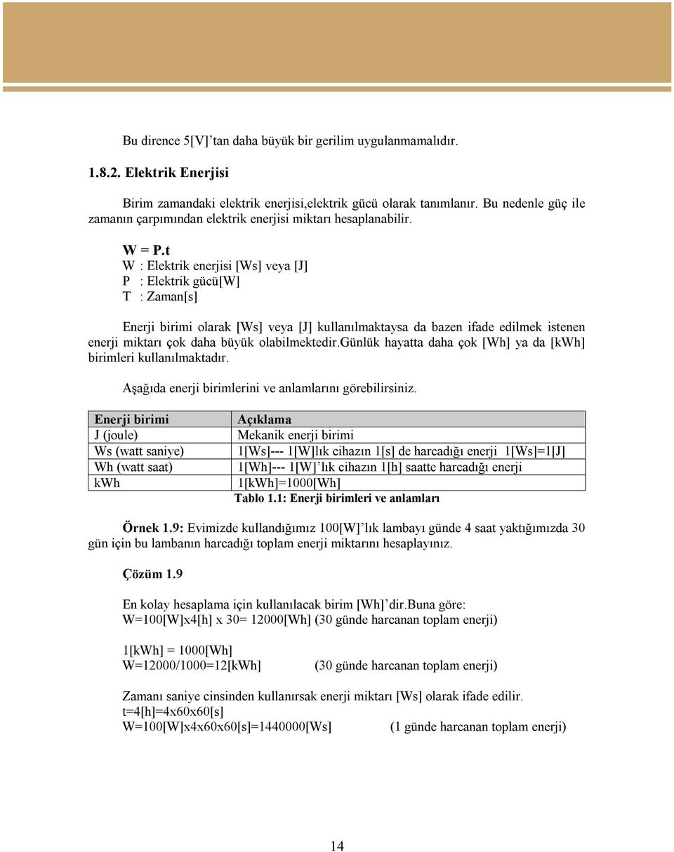 t W : Elektrik enerjisi [Ws] veya [J] P : Elektrik gücü[w] T : Zaman[s] Enerji birimi olarak [Ws] veya [J] kullanılmaktaysa da bazen ifade edilmek istenen enerji miktarı çok daha büyük olabilmektedir.