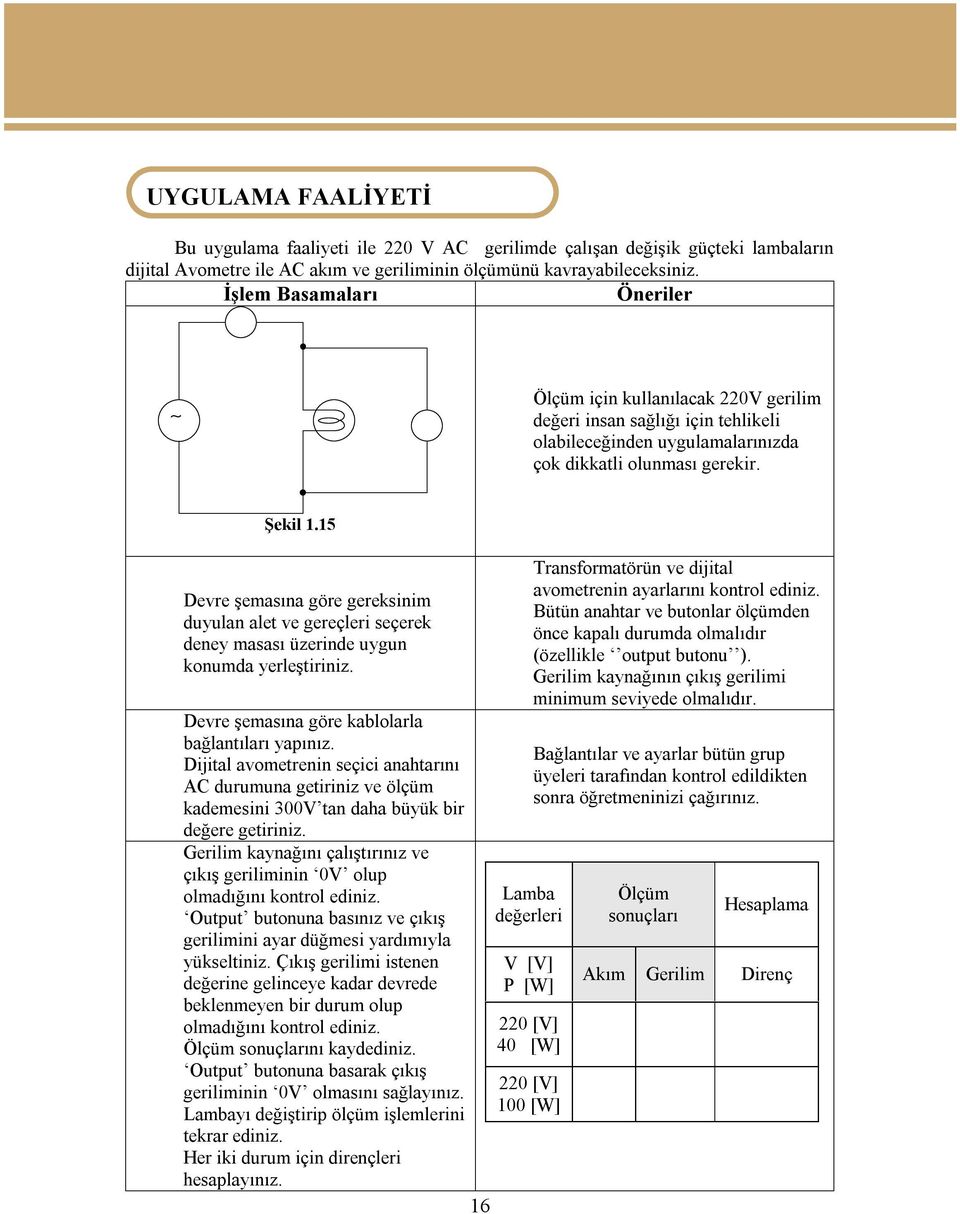 15 Devre şemasına göre gereksinim duyulan alet ve gereçleri seçerek deney masası üzerinde uygun konumda yerleştiriniz. Devre şemasına göre kablolarla bağlantıları yapınız.