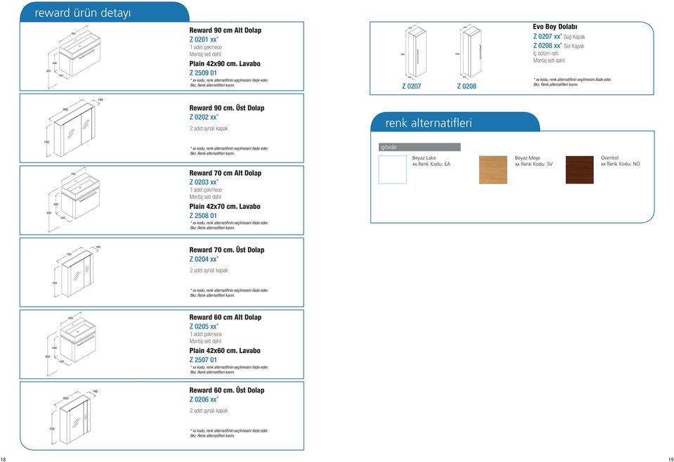 Üst Dolap Z 0202 xx* 2 adet aynalı kapak renk alternatifleri Reward 70 cm Alt Dolap Z 0203 xx* 1 adet çekmece Plain 42x70 cm.