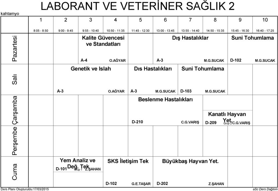 AĞYAR A-3 M.G.SUCAK D-3 M.G.SUCAK Beslenme Hastalıkları D-2 C.G.VARIŞ Kanatlı Hayvan Yet. C.G.VARIŞ D-20 Grup 2 Yem Analiz ve Değ.