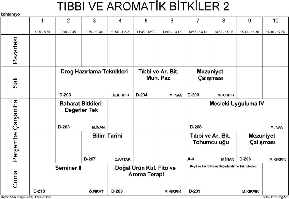 İNAN D-208 M.İNAN Bilim Tarihi Tıbbi ve Ar. Bit. Tohumculuğu Mezuniyet Çalışması E.ARTAR A-3 M.İNAN D-208 M.KIRPIK Seminer II Doğal Ürün Kul.