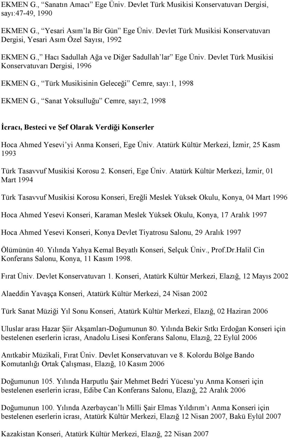 , Türk Musikisinin Geleceği Cemre, sayı:1, 1998 EKMEN G., Sanat Yoksulluğu Cemre, sayı:2, 1998 İcracı, Besteci ve Şef Olarak Verdiği Konserler Hoca Ahmed Yesevi yi Anma Konseri, Ege Üniv.