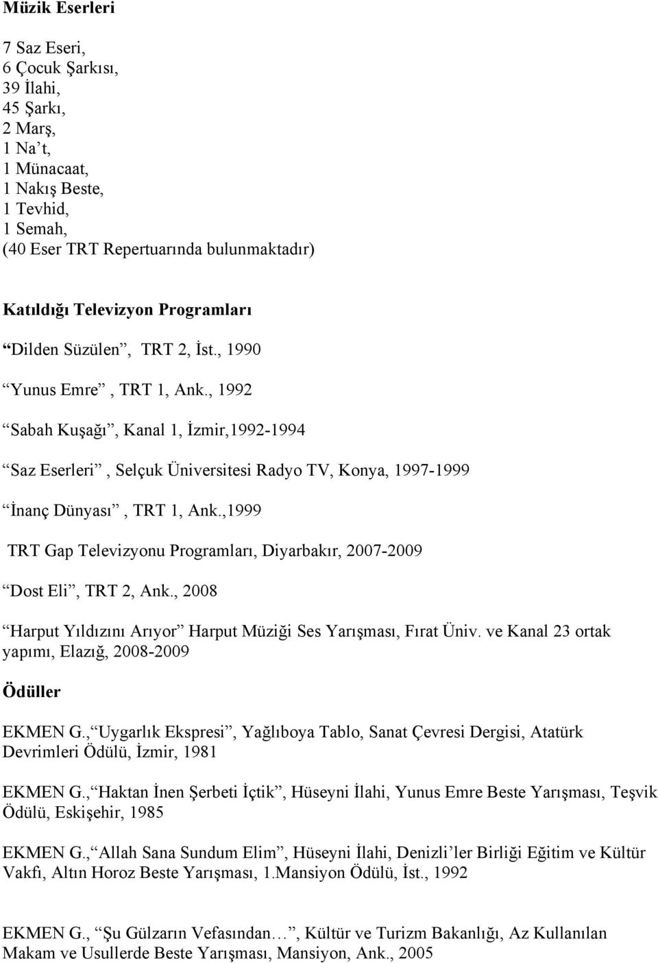 , 1992 Sabah Kuşağı, Kanal 1, İzmir,1992-1994 Saz Eserleri, Selçuk Üniversitesi Radyo TV, Konya, 1997-1999 İnanç Dünyası, TRT 1, Ank.