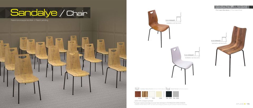 // Chair Shell Colours İskelet Renkleri // Frame Colours 4274 4525 3101 3106 RAL 9005 RAL 9006 10mm HPL Compact Laminate Compact malzeme