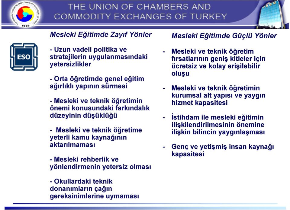 Eğitimde Güçlü Yönler - Mesleki ve teknik öğretim fırsatlarının n geniş kitleler için i in ücretsiz ve kolay erişilebilir ilebilir oluşu - Mesleki ve teknik öğretimin kurumsal alt yapısı ve yaygın