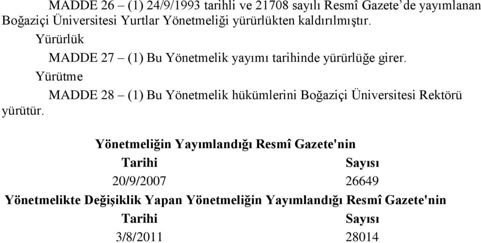 Yürütme MADDE 28 (1) Bu Yönetmelik hükümlerini Boğaziçi Üniversitesi Rektörü yürütür.