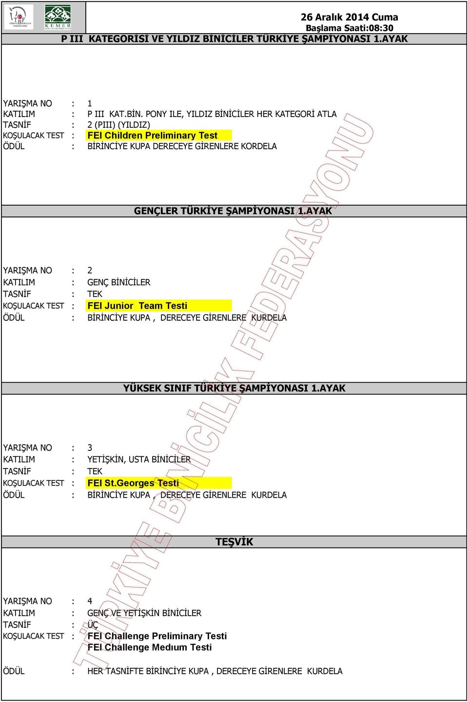 PONY ILE, YILDIZ BİNİCİLER HER KATEGORİ ATLA KOŞULACAK TEST : FEI Children Preliminary Test GENÇLER TÜRKİYE ŞAMPİYONASI 1.