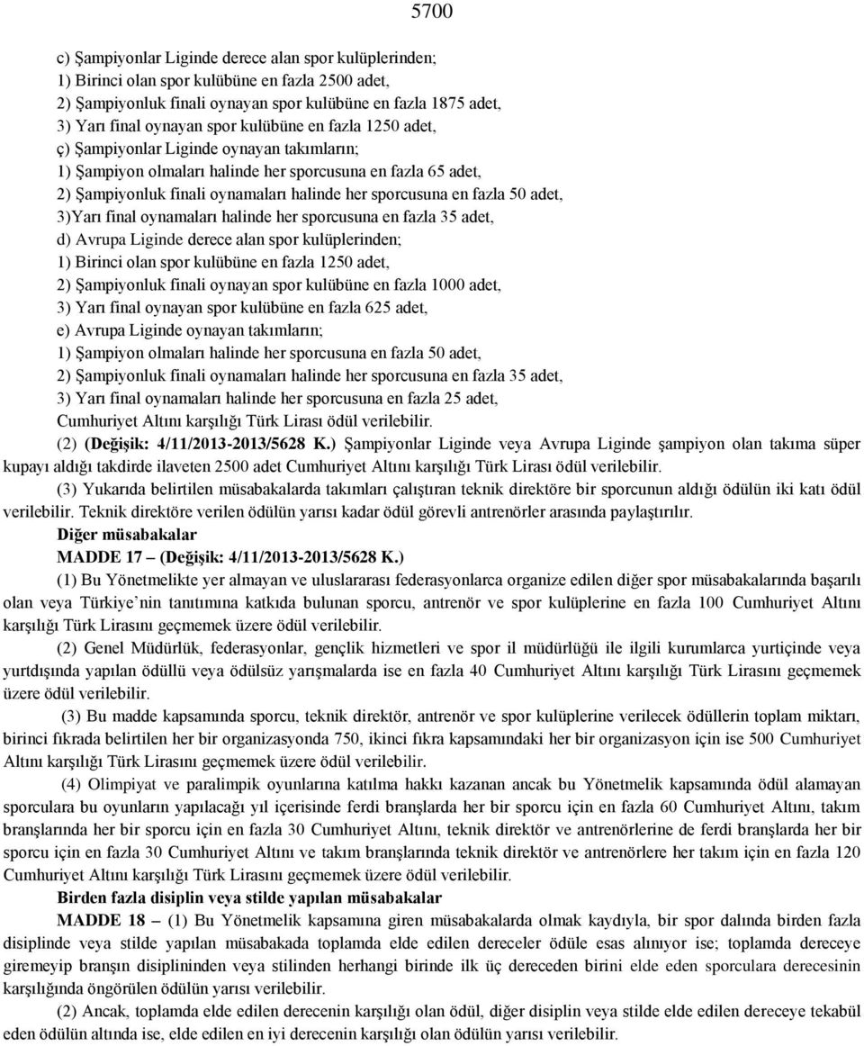 fazla 50 adet, 3)Yarı final oynamaları halinde her sporcusuna en fazla 35 adet, d) Avrupa Liginde derece alan spor kulüplerinden; 1) Birinci olan spor kulübüne en fazla 1250 adet, 2) Şampiyonluk