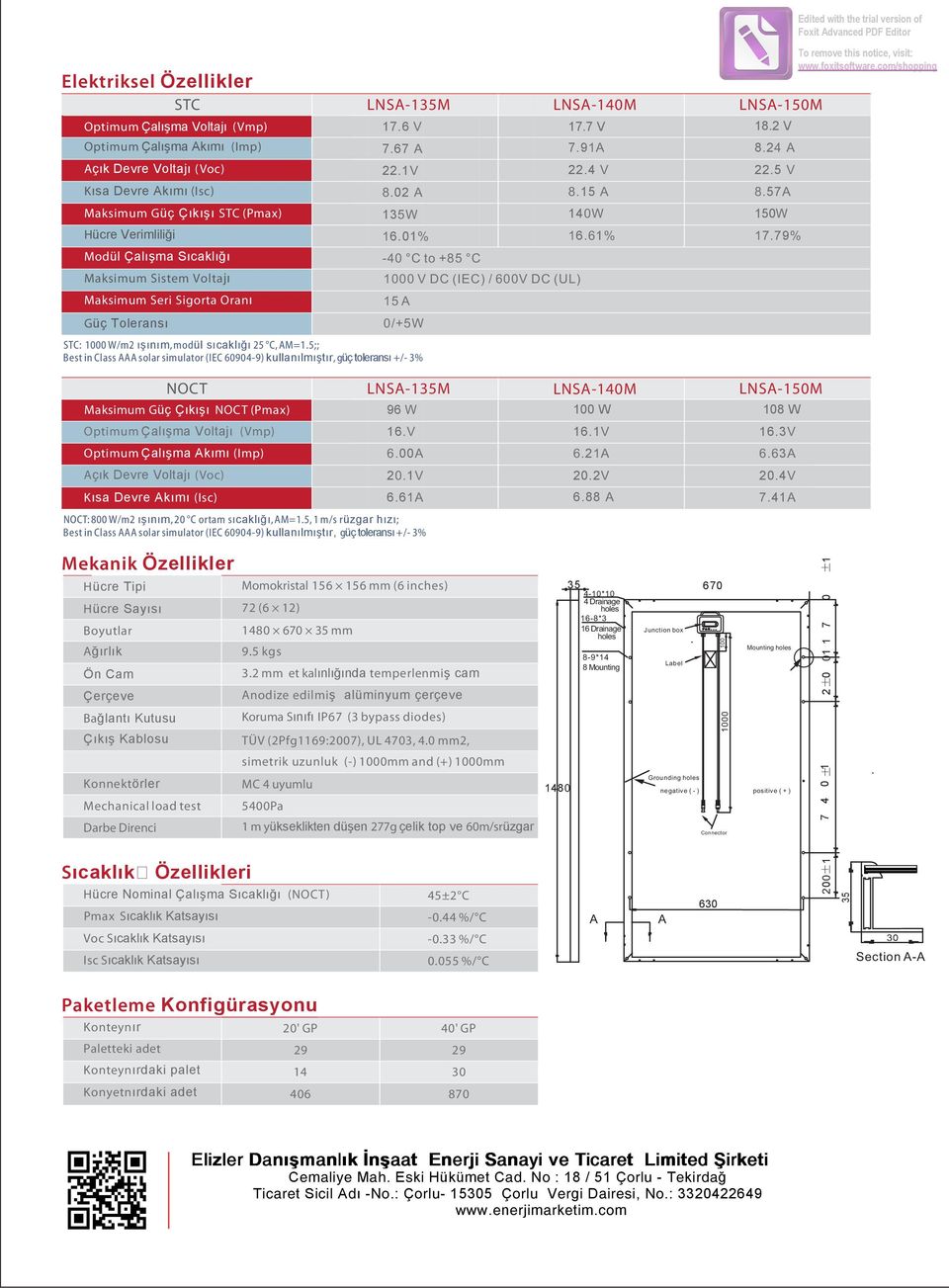 5;; Bs i Clss sol simulo (IEC 60904-9) kullılmışı, güç olsı +/- 3% LNS-140M 17.7 7.91 22.4 8.15 140W 16.61% LNS-150M 18.2 8.24 22.5 8.57 150W 17.79% To mov his oic, visi:.foxisof.