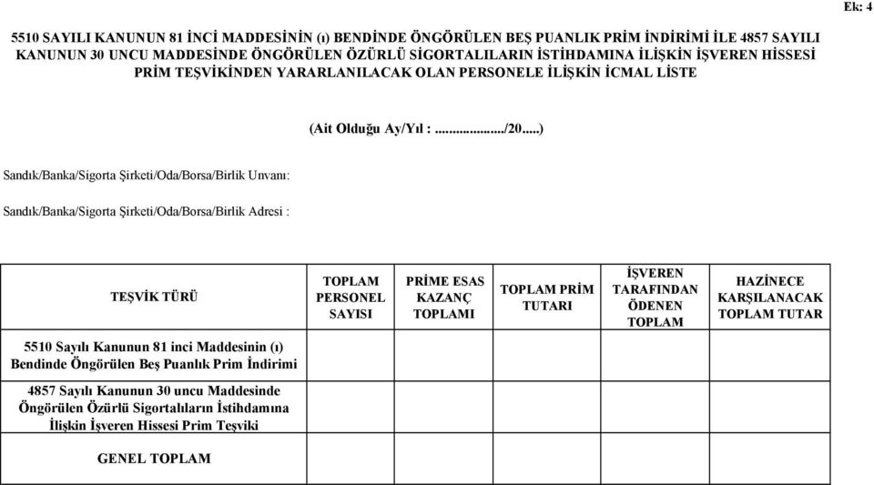 ..) Sandık/Banka/Sigorta Şirketi/Oda/Borsa/Birlik Unvanı: Sandık/Banka/Sigorta Şirketi/Oda/Borsa/Birlik Adresi : TEŞVİK TÜRÜ TOPLAM PERSONEL SAYISI PRİME ESAS KAZANÇ TOPLAMI TOPLAM PRİM TUTARI