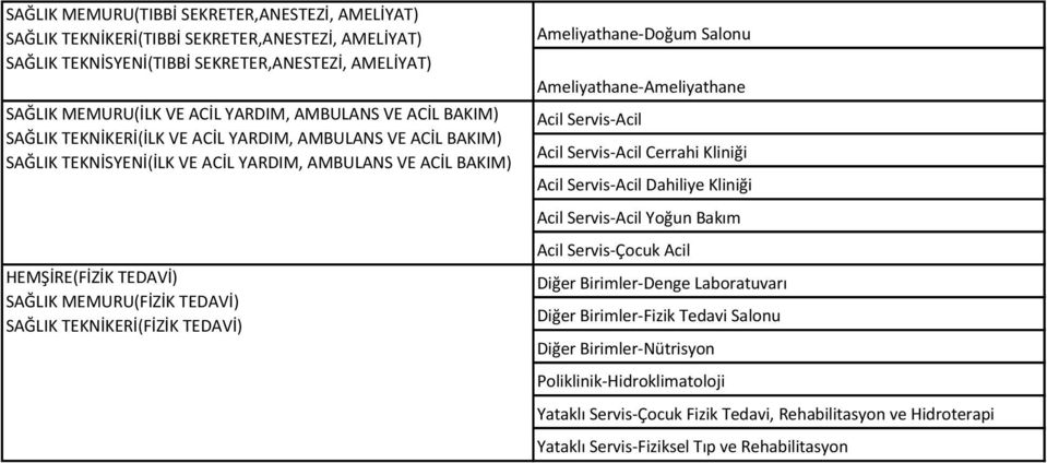 TEKNİKERİ(FİZİK TEDAVİ) Ameliyathane-Doğum Salonu Ameliyathane-Ameliyathane Acil Servis-Acil Acil Servis-Acil Cerrahi Kliniği Acil Servis-Acil Dahiliye Kliniği Acil Servis-Acil Yoğun Bakım Acil