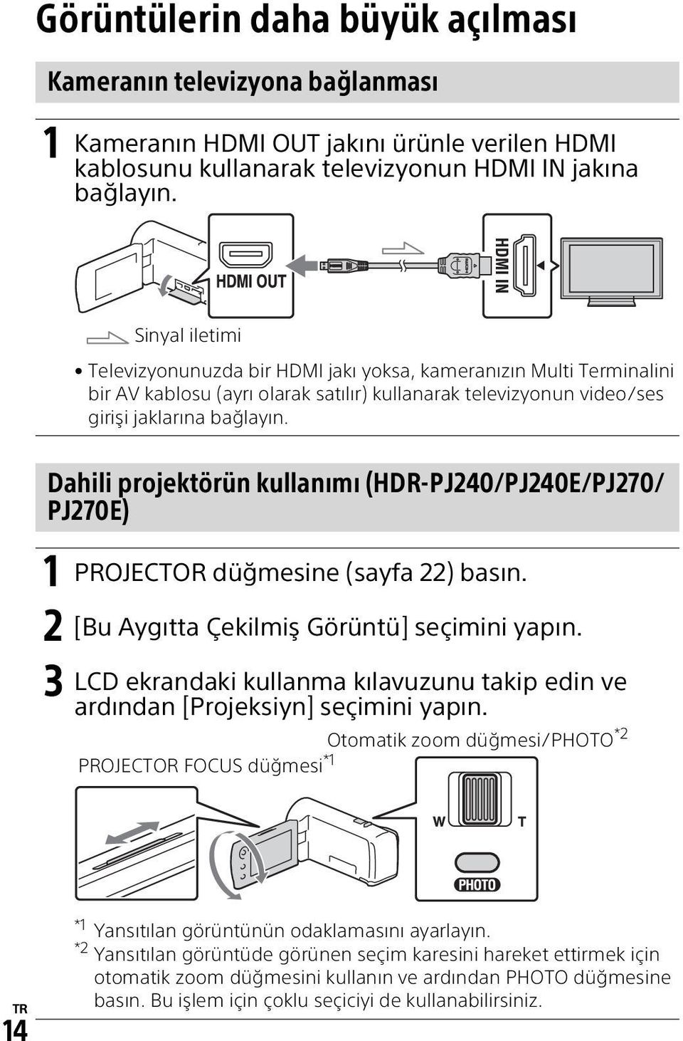 Dahili projektörün kullanımı (HDR-PJ240/PJ240E/PJ270/ PJ270E) 1 PROJECTOR düğmesine (sayfa 22) basın. 2 [Bu Aygıtta Çekilmiş Görüntü] seçimini yapın.