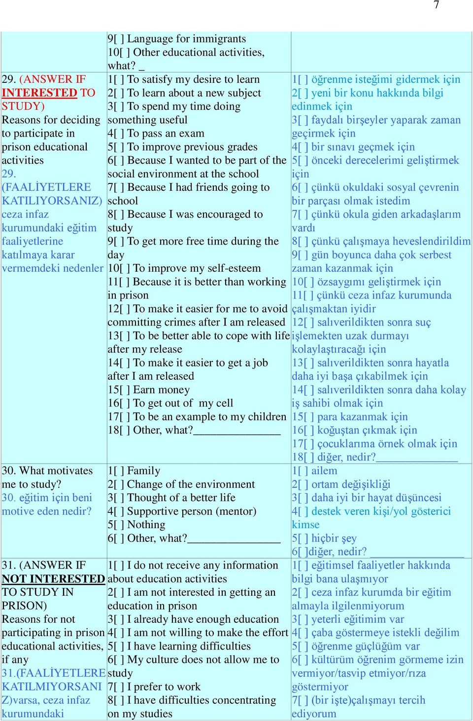 (ANSWER IF NOT INTERESTED TO STUDY IN PRISON) Reasons for not participating in prison educational activities, if any 31.