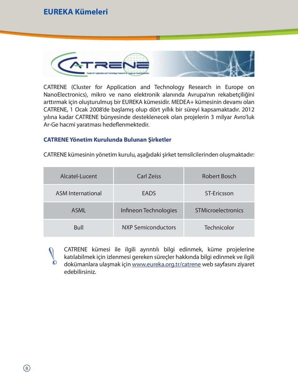 2012 yılına kadar CATRENE bünyesinde desteklenecek olan projelerin 3 milyar Avro luk Ar-Ge hacmi yaratması hedeflenmektedir.