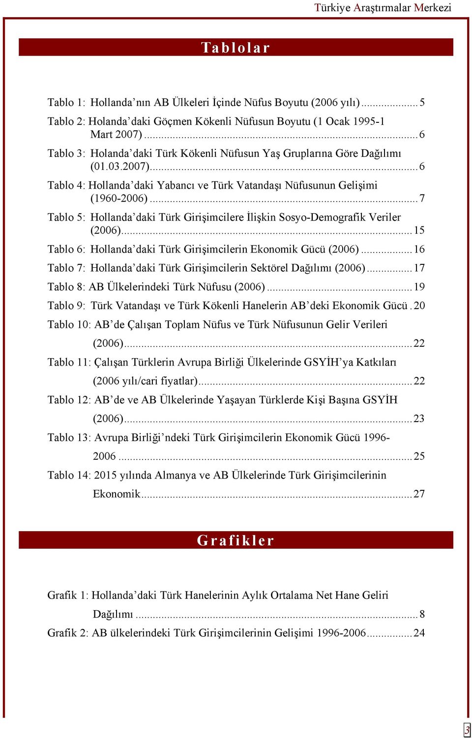 ..7 Tablo 5: Hollanda daki Türk Girişimcilere İlişkin Sosyo-Demografik Veriler (2006)...15 Tablo 6: Hollanda daki Türk Girişimcilerin Ekonomik Gücü (2006).